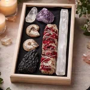 Aviva Stanoff Carved Gift Box of Sage and Crystals New